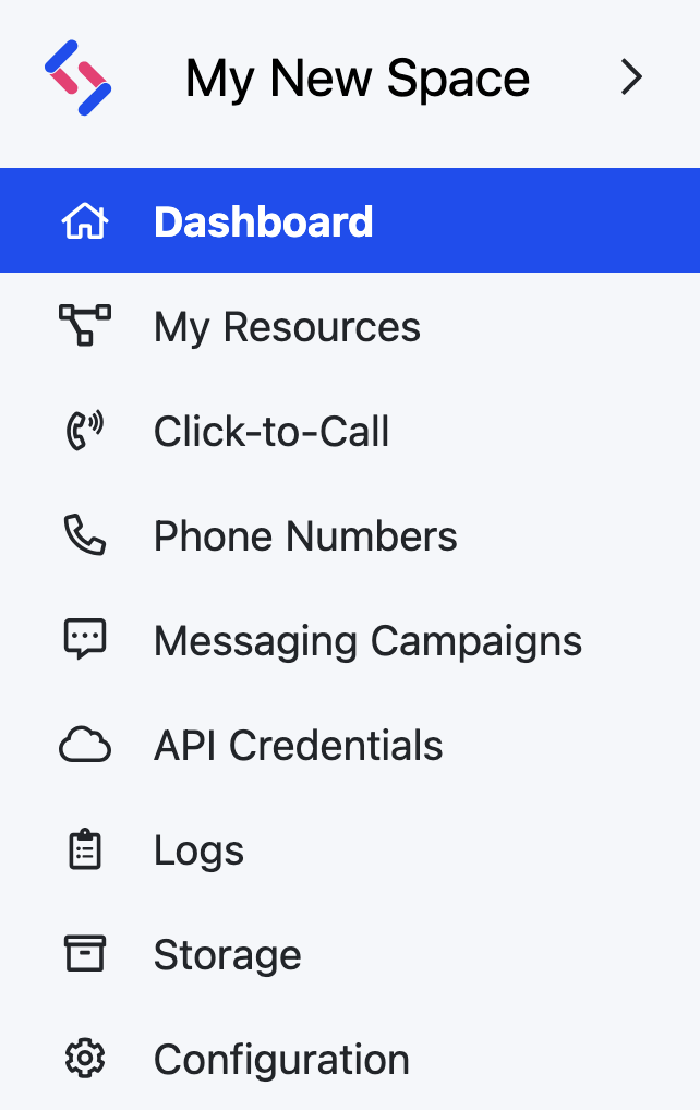 The main sidebar menu of the new SignalWire Space Dashboard UI.